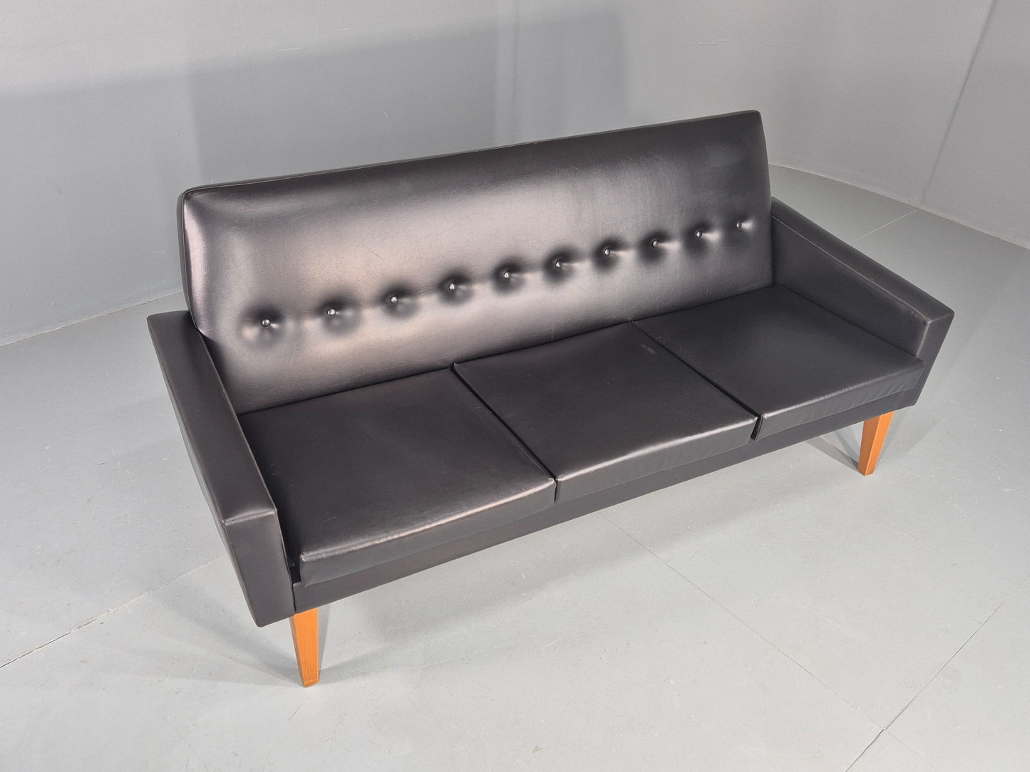 Vintage Three Seat Sofa 1960s Swedish Black Vinyl Upholstery Retro EB11126
