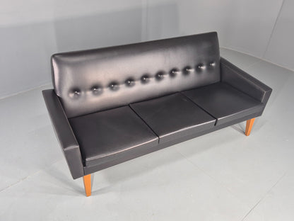 Vintage Three Seat Sofa 1960s Swedish Black Vinyl Upholstery Retro EB11126