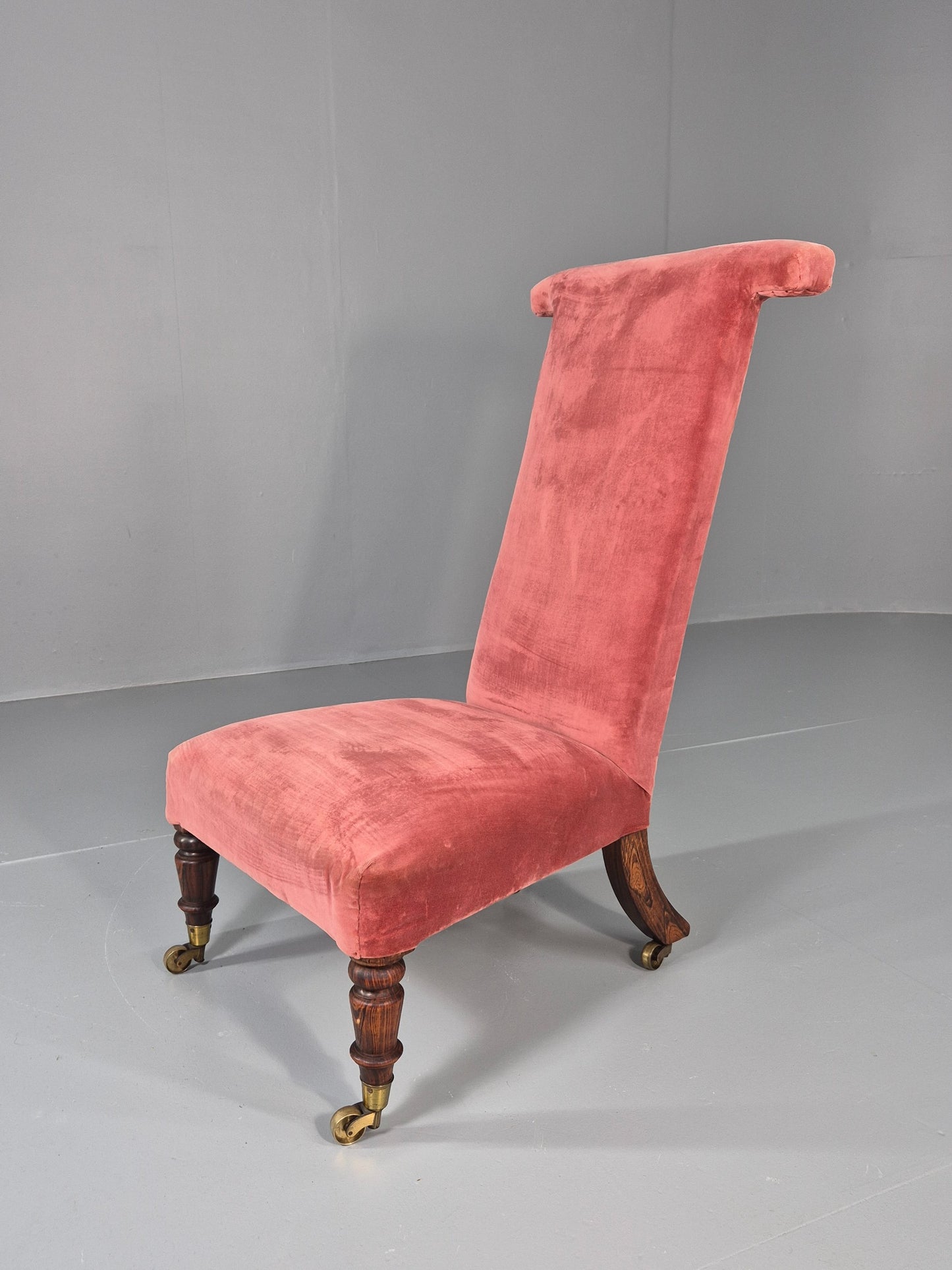 Antique Prayer or Slipper Chair Hot Pink Velvet Velour Upholstery 1900s EB12456