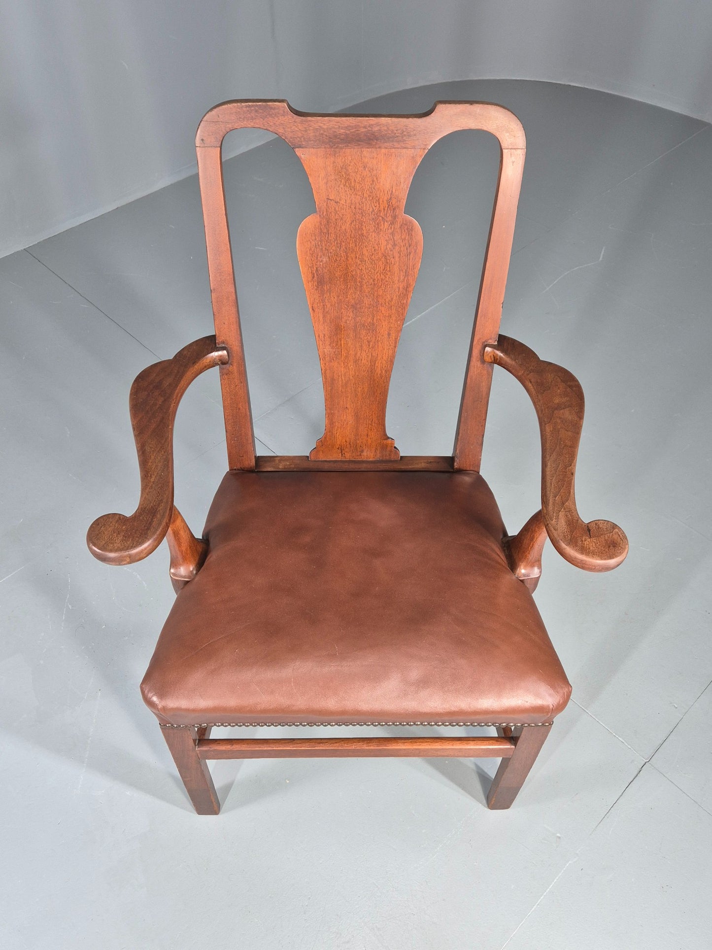 Antique Georgian Elbow Chair Mahogany Frame Leather Seat Splat Back EB11933