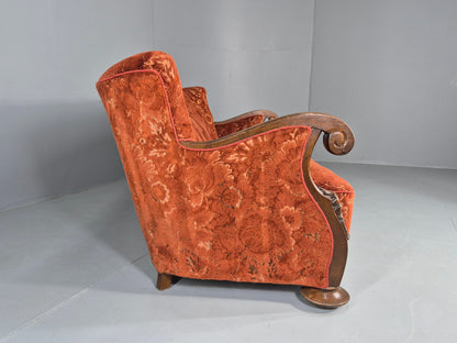 Vintage 3 Seat Sofa Danish Art Deco Era Carved Oak Frame Moquette Cloth EB12751