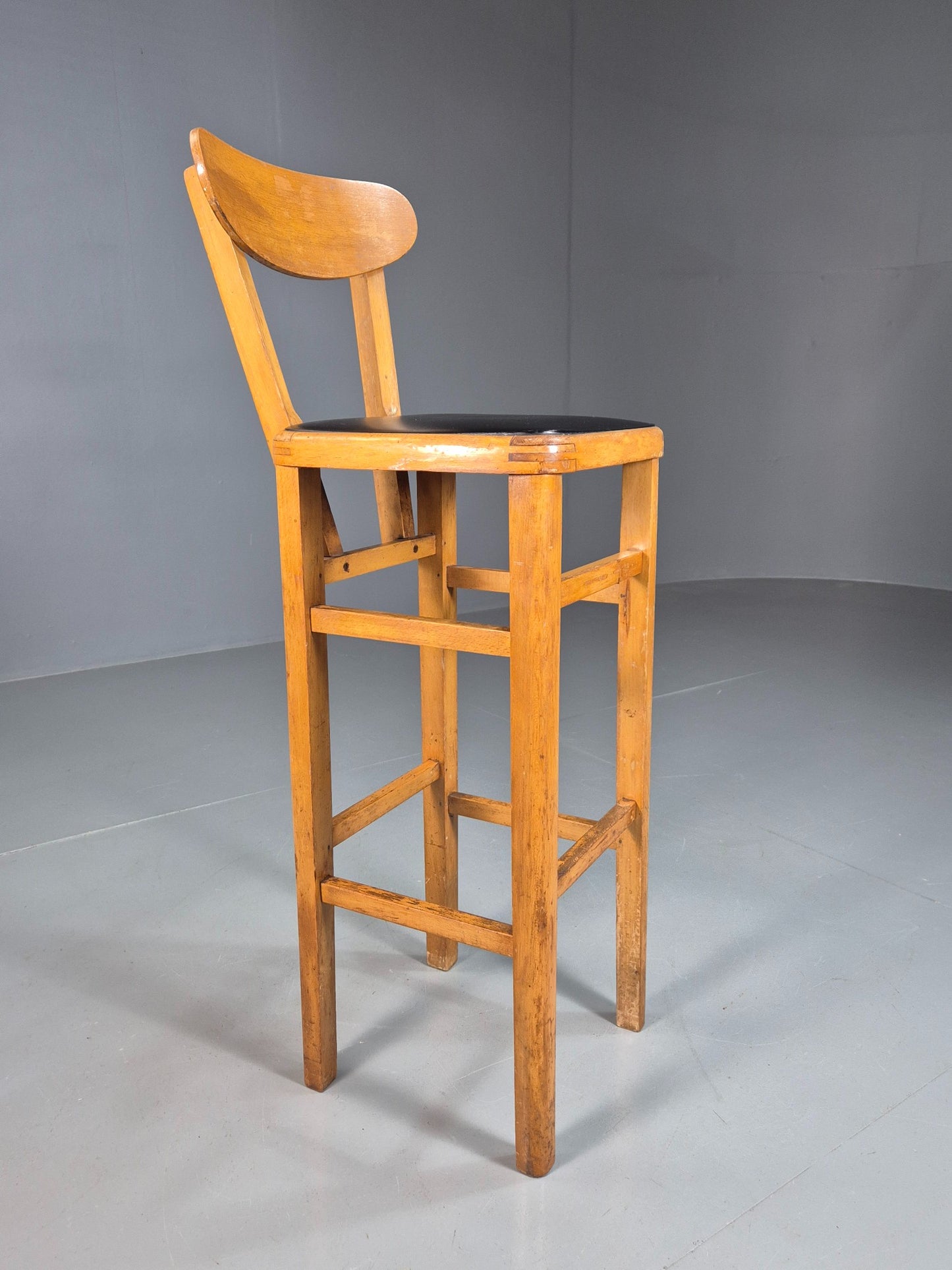Vintage Mid-century Black Vinyl and Beech Bar Stool 1960s Retro EB07918