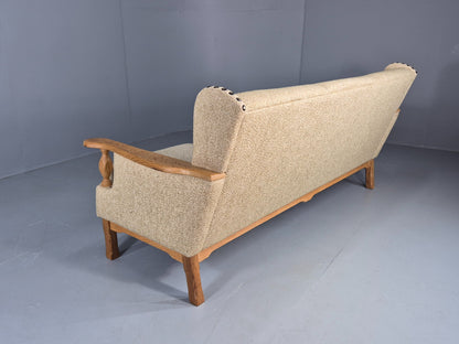 Vintage 3 Seat Sofa Danish 1970s Oak Frame Cream Wool Cloth Retro  EB12753