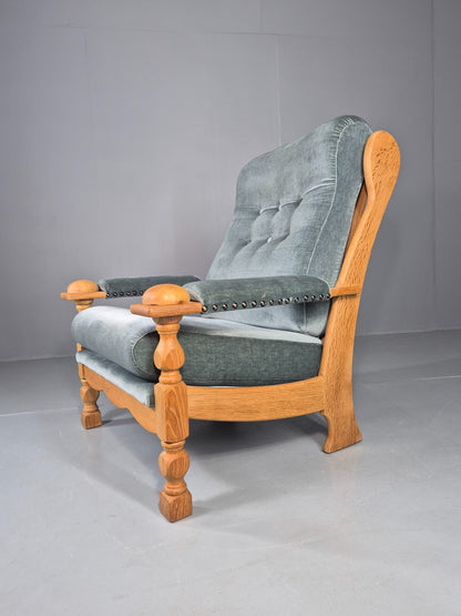 Vintage Danish 1970s Oak Lounge Chair Blue Velour Upholstery Retro EB12709