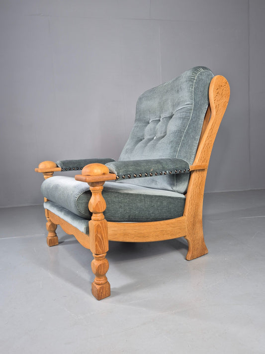 Vintage Danish 1970s Oak Lounge Chair Blue Velour Upholstery Retro EB12709