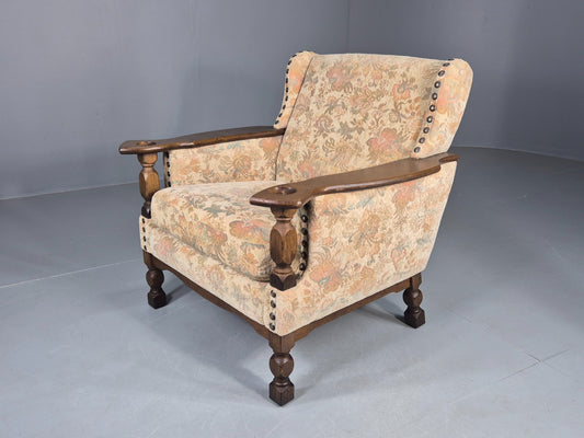 Vintage Danish Armchair Kjaernulf Style Floral Upholstery Oak Frame 1970 EB06690