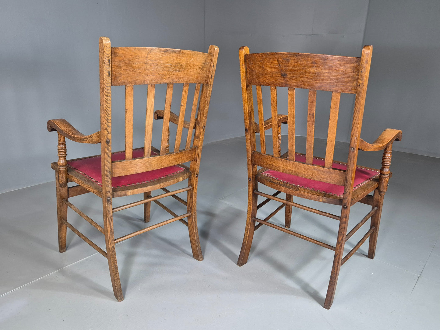 2 Antique Elbow Chairs Danish Oak Frame Red Leather 1900s EB07393