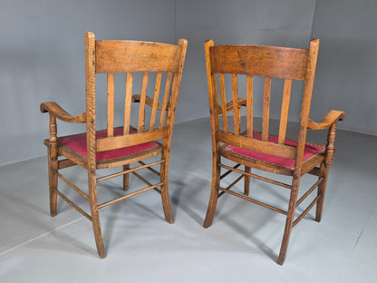 2 Antique Elbow Chairs Danish Oak Frame Red Leather 1900s EB07393