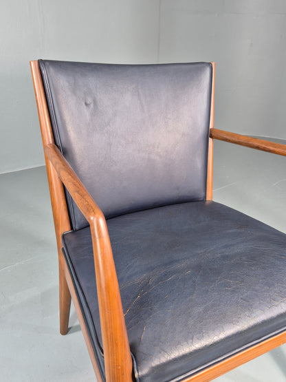 Vintage Mid Century Teak Armchair Blue Leather 1960s Retro  EB11909