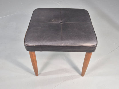 Vintage Mid Century Footstool Danish Black Leather Teak Legs 1960s Retro EB12097