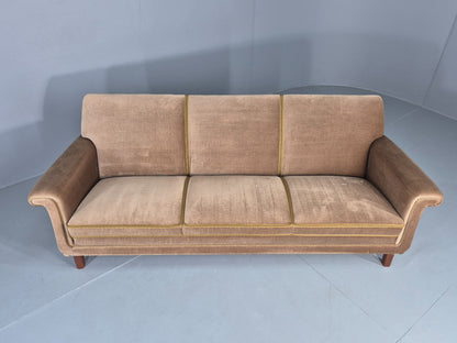 Vintage 3 Seater Sofa Mid Century Danish Green Velour Upholstery 1960s  EB12759