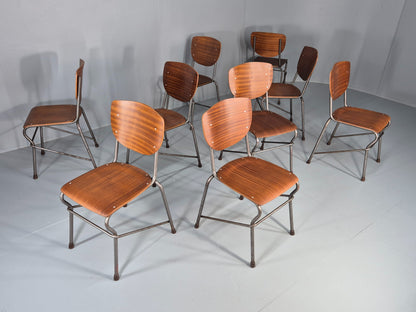 9 Vintage Danish Stacking Industrial Chairs Teak and Steel 1960s Retro EB12403