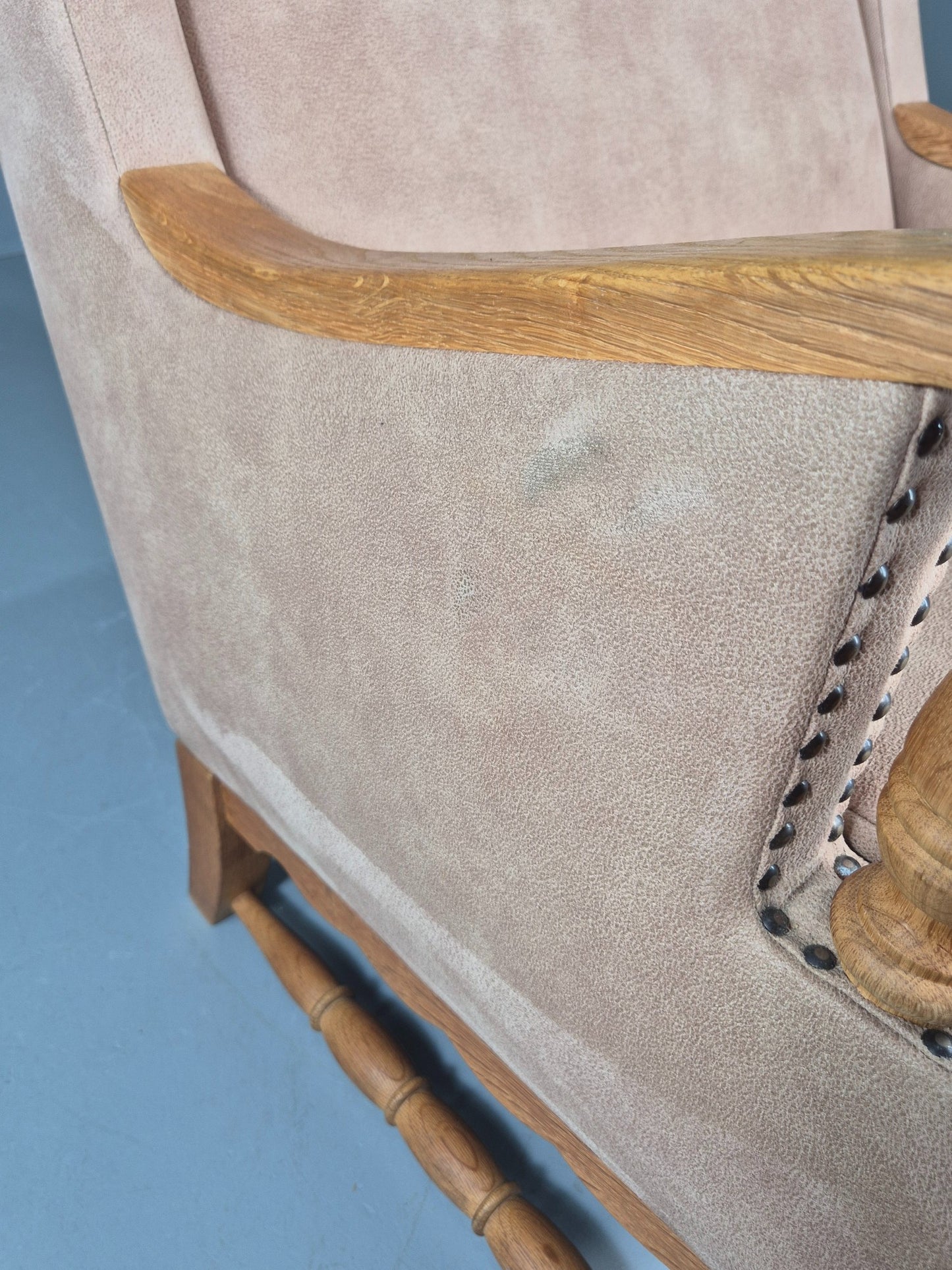 Vintage Wing Back Lounge Chair 1970s Danish Faux Suede on Oak Frame EB12774