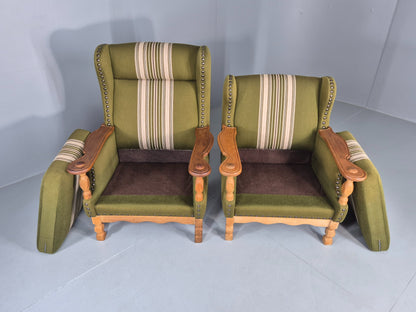 2 Vintage Lounge Chair Kjaernulf Style Oak Frames Green Wool 1970s Retro EB12687