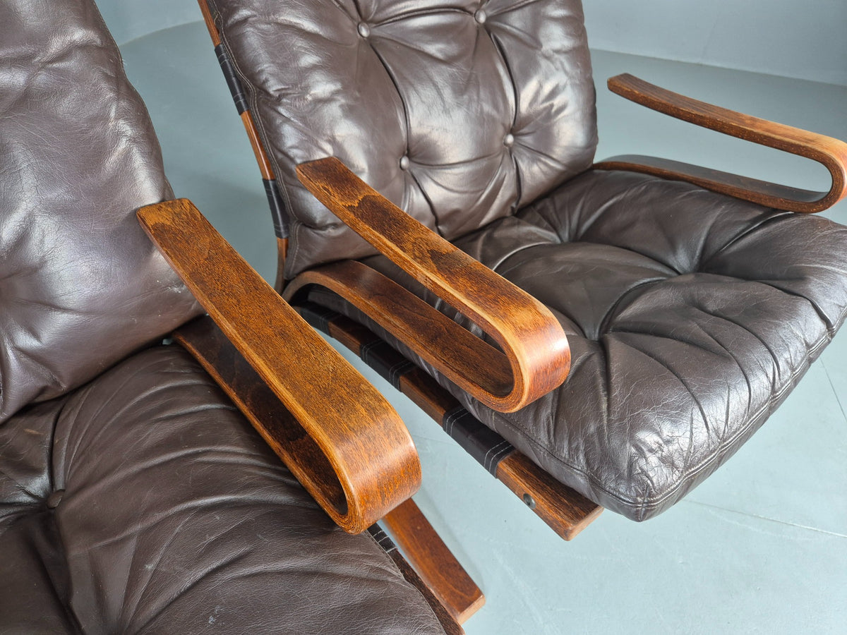 2 Vintage Skyline Leather Lounge Chairs High Back Bentwood Frame Retro EB13085