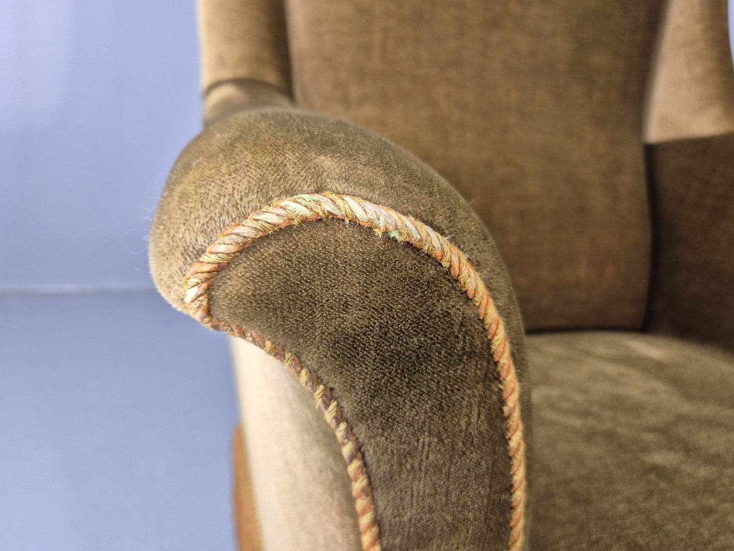 2 Midcentury Danish Lounge Chairs Green Velour Velvet Tassels 1960s EB12646