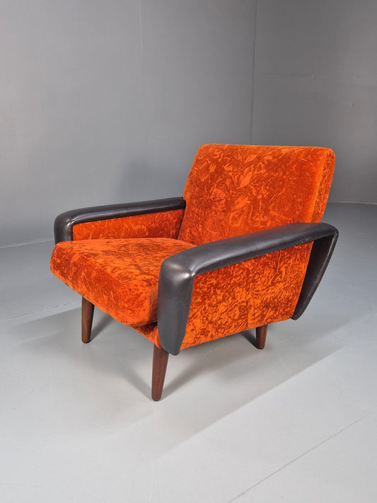 Vintage 1960s Lounge Chair Vinyl Orange Velour 1960s Retro MCM EB10569a MNOR