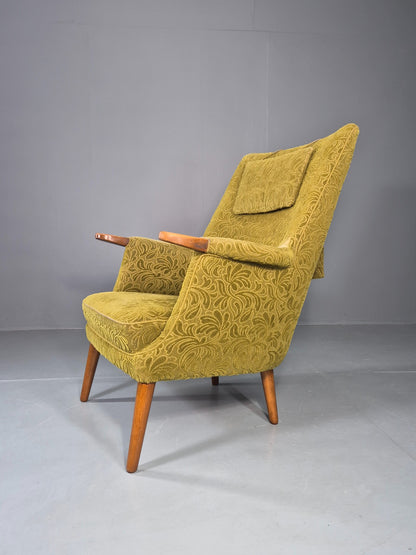 Vintage Danish Lounge Chair Green Floral Moquette Teak Detail MCM Retro EB13040