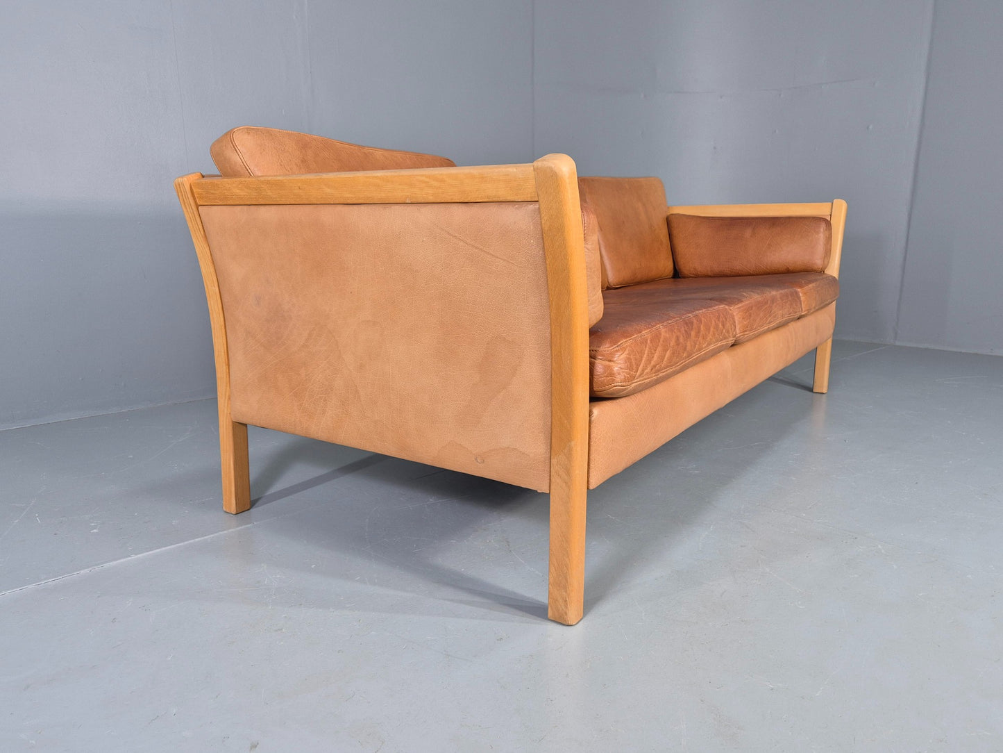 Vintage Stouby 3 seater Sofa Tan Leather 1980s Retro Mid Century Modern EB11610