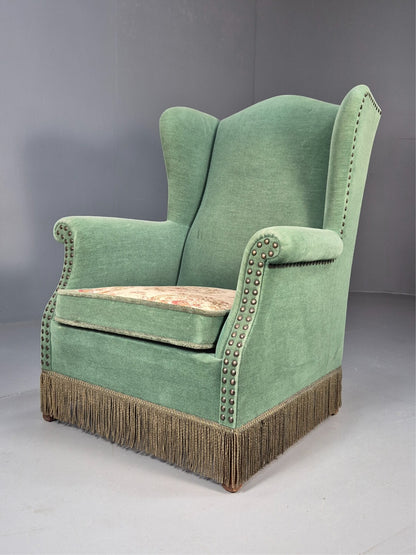 Vintage Danish Wingback Lounge Chair Green and Cream Floral Tassels EB9610 VCLO