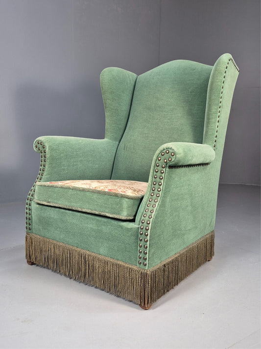 Vintage Danish Wingback Lounge Chair Green and Cream Floral Tassels EB9610 VCLO