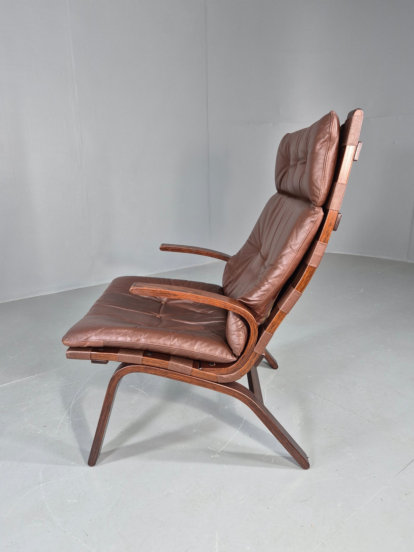 Vintage 1970s Leather Lounge Chair Farstrup Denmark Bentwood Frame Retro EB12311