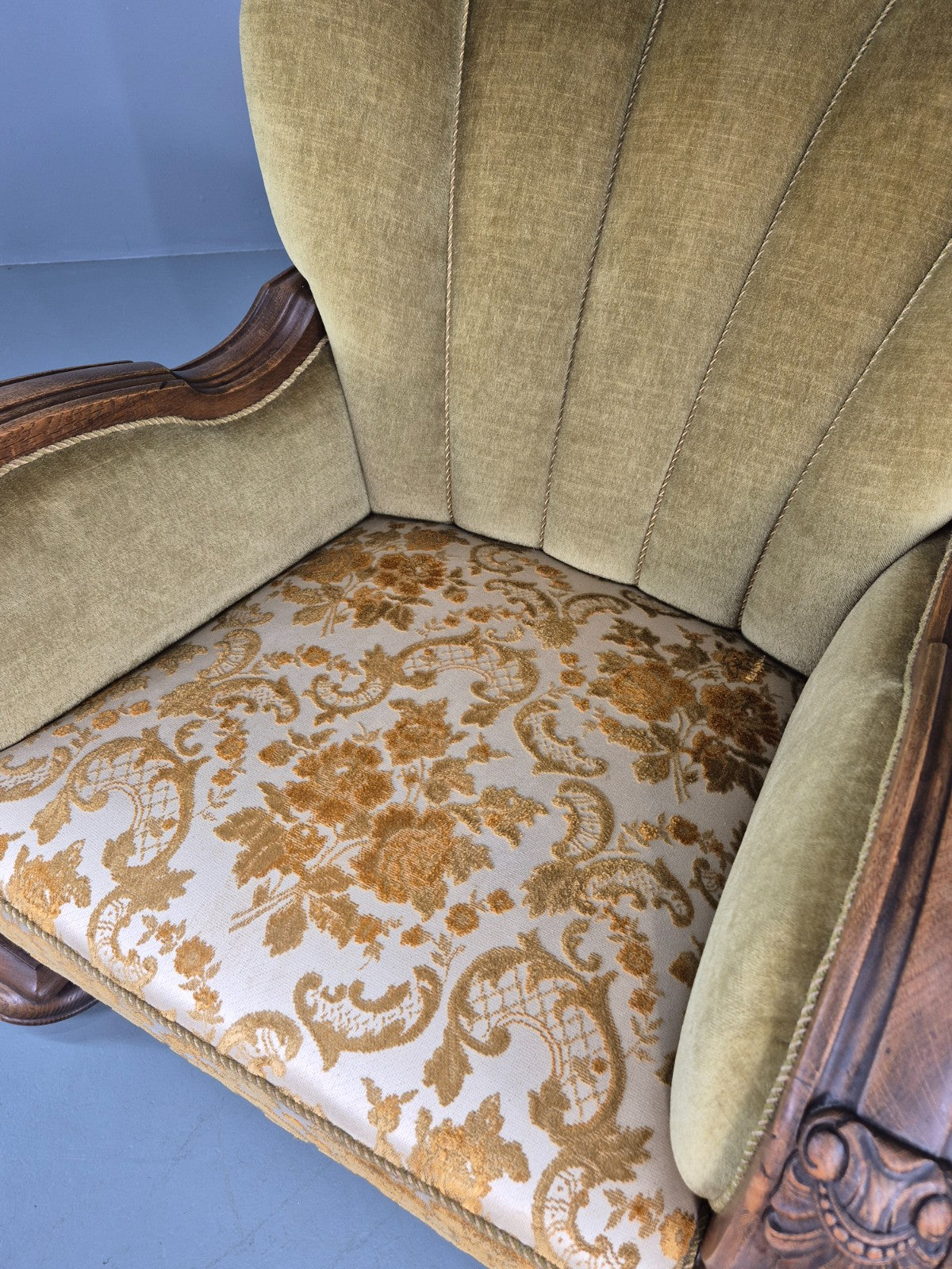 Vintage Danish Art Deco Lounge Chair Carved Oak Frame 1940s Green Floral 12838