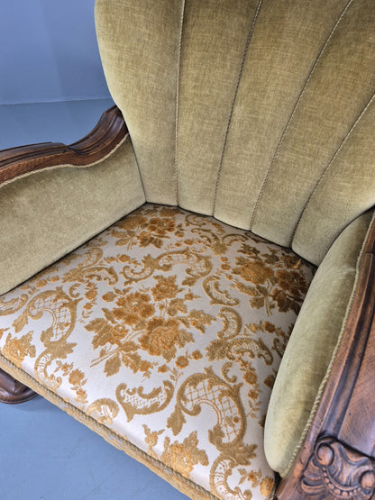 Vintage Danish Art Deco Lounge Chair Carved Oak Frame 1940s Green Floral 12838