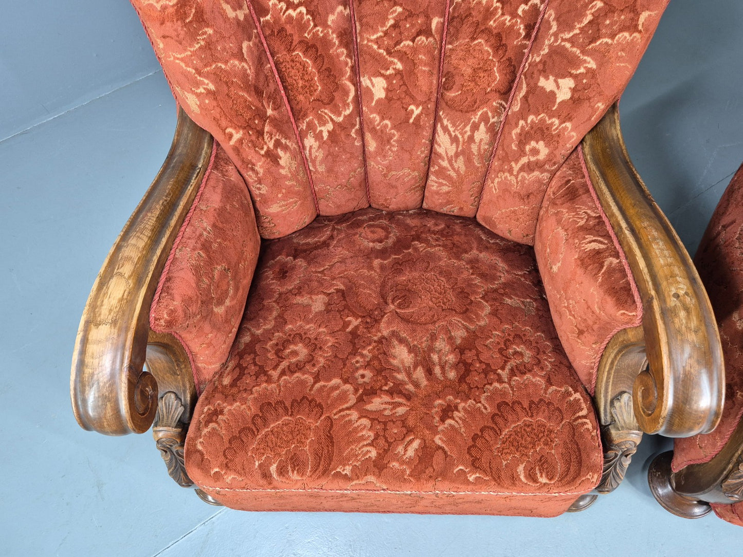 2 Vintage Danish 40s Lounge Chairs Carved Frame Cut Moquette Upholstery EB12906