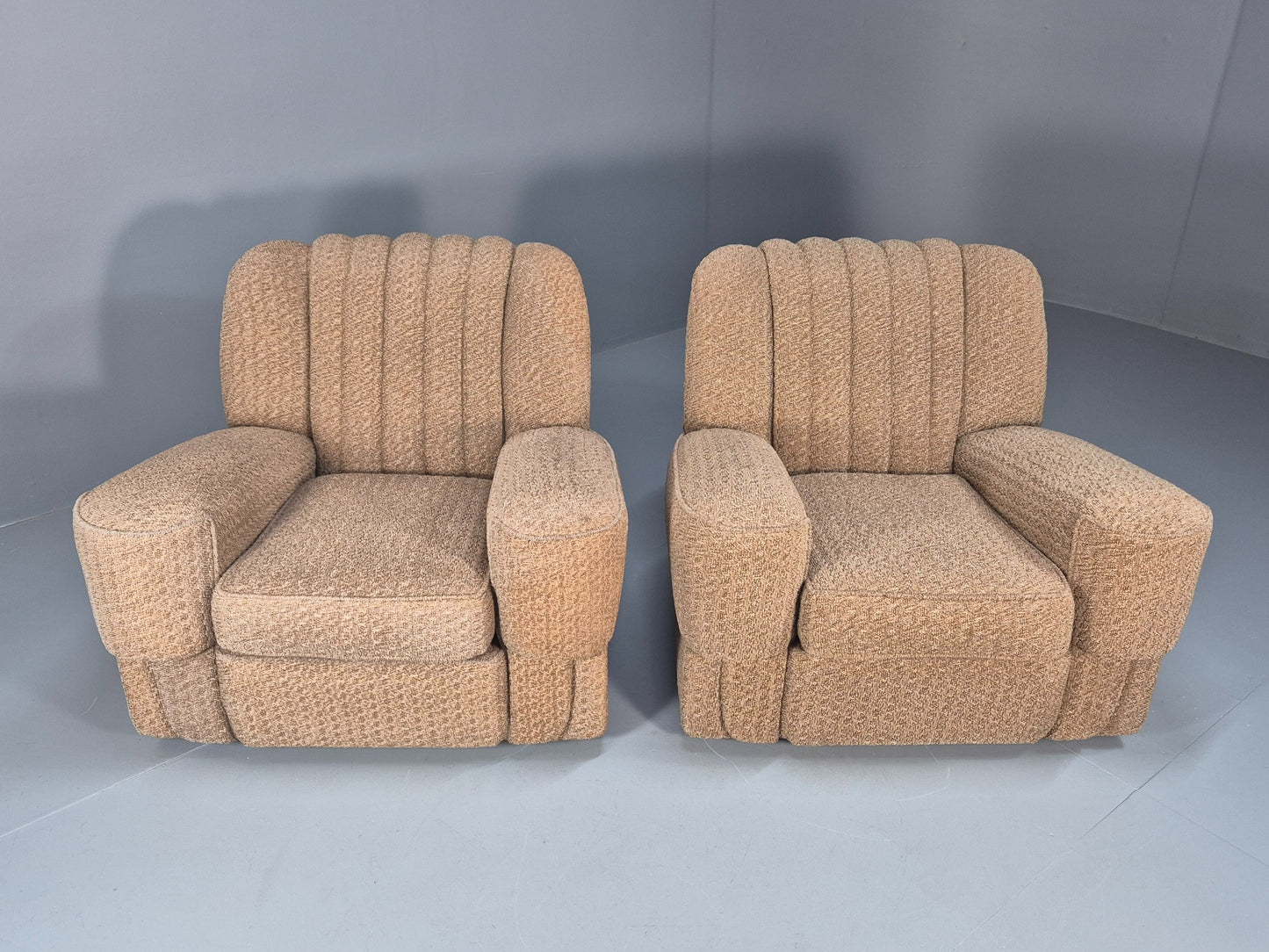 2 Vintage Art Deco Armchairs Beige Chenille Upholstery 1940s EB09684