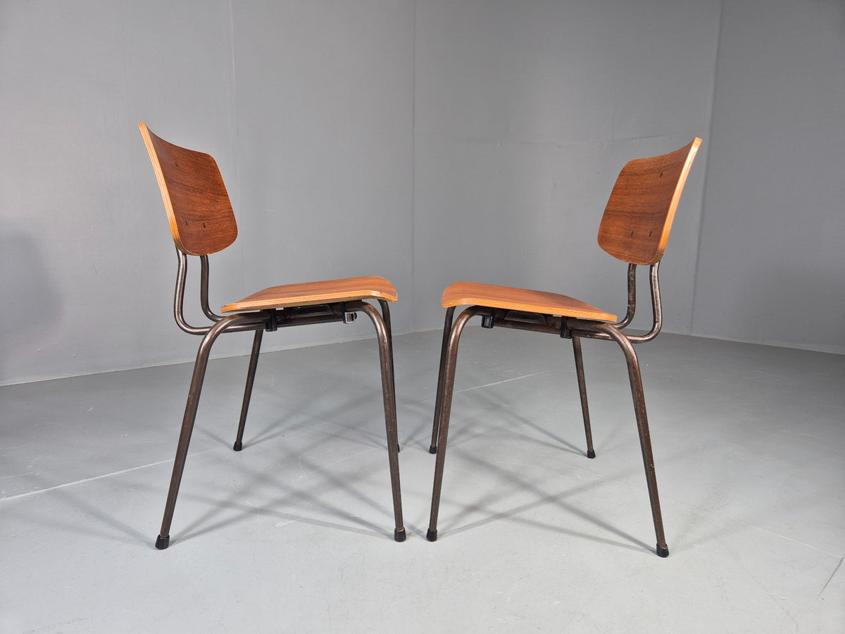 2 Vintage Danish Stacking Chairs Mid Century Industrial Teak Plywood EB13025