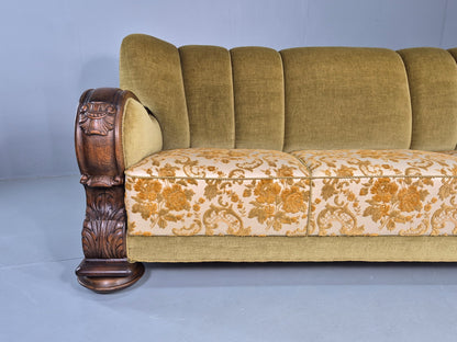 Vintage Danish 3 Seater Sofa 1940s Craved Oak Frame Shell Back Art Deco 12836