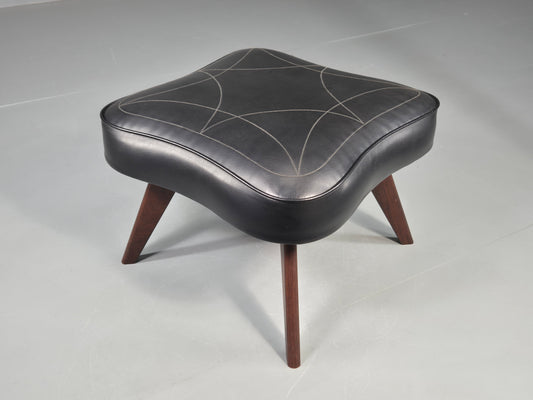 Vintage Danish Mid Century Footstool Black vinyl Rosewood Legs 1960s EB12100