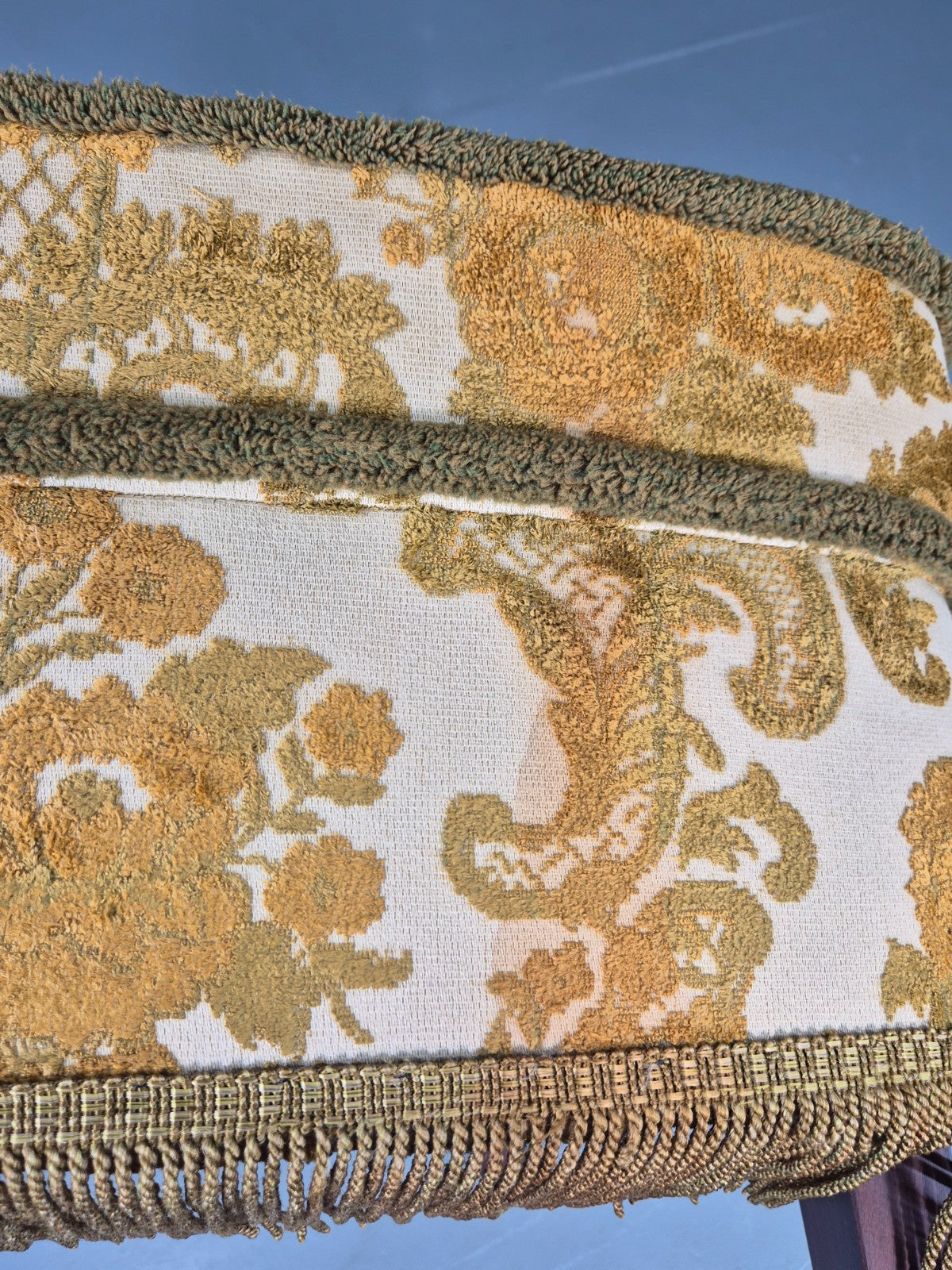 Vintage Danish 1970s Bedroom Tub Chair Gold Floral Flock Tassels EB12685