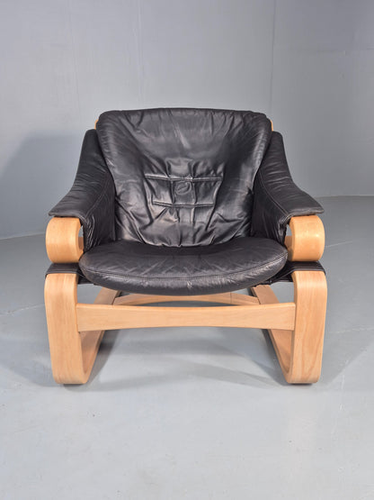 Vintage 1970s Lounge Chair Krokken By Fribytter Leather Bentwood Retro EB11998