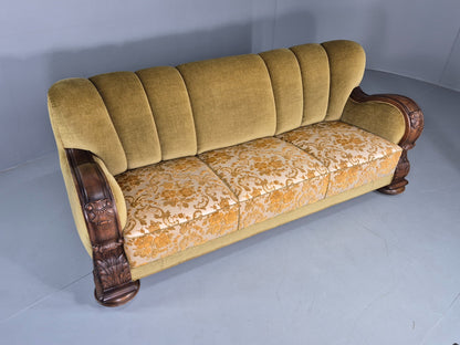 Vintage Danish 3 Seater Sofa 1940s Craved Oak Frame Shell Back Art Deco 12836
