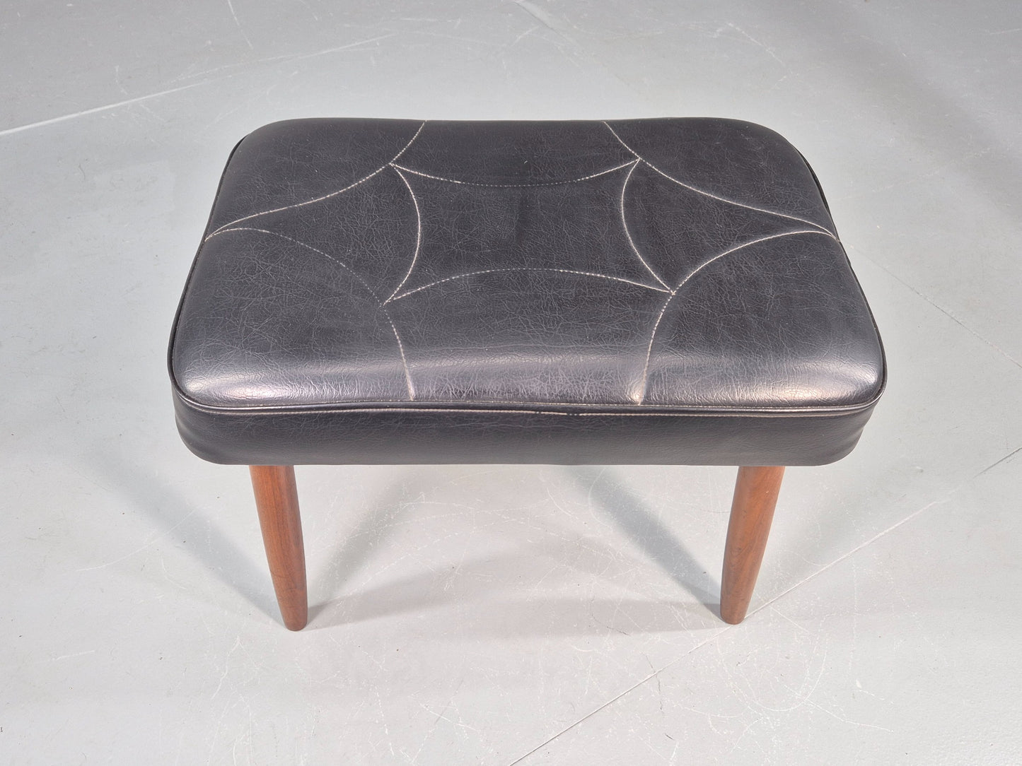 Vintage Mid Century Footstool Danish Black Vinyl Teak Legs 1960s Retro EB12012