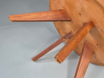 Vintage Mid Century Foot Stool Brown Vinyl Danish Teak Round Retro MCM EB12022