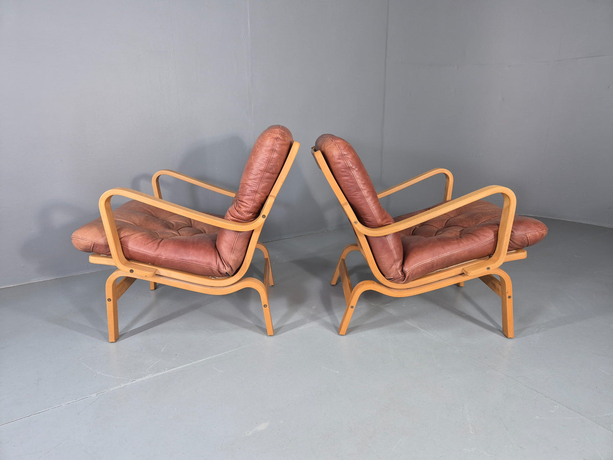 2 Vintage Swedese Leather Bentwood Lounge Chairs Design Yngve Ekstrom  EB13089