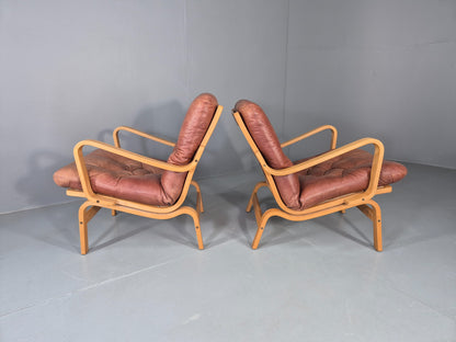 2 Vintage Swedese Leather Bentwood Lounge Chairs Design Yngve Ekstrom  EB13089
