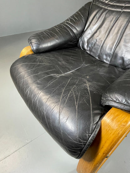 Vintage 70s Retro Lounge Chair Danish Black Leather Bentwood MCM EB06223