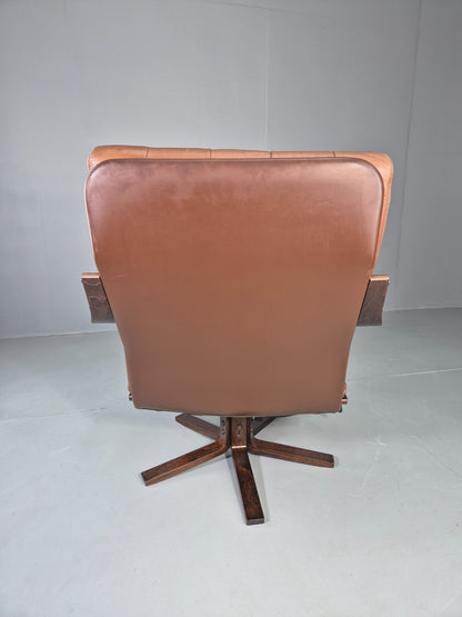 Vintage Danish Swivel Rock Lounge Chair Bentwood Frame Leather MCM Retro EB13090