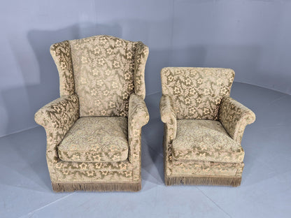 2 Vintage Danish Armchairs Green Floral Moquette Tassels 1960s Cottage EB12689