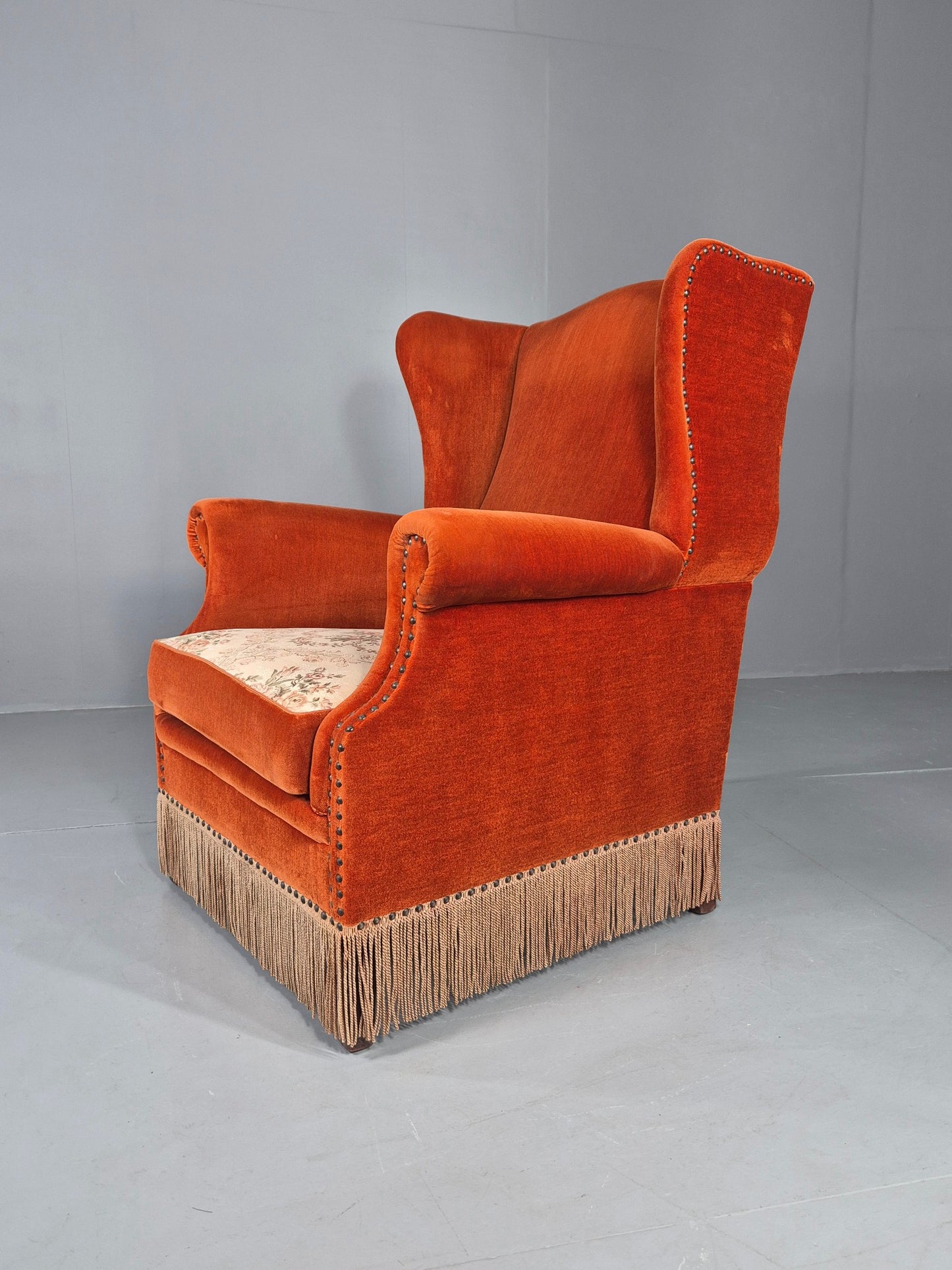Vintage Wing Back Lounge Chair Danish 20th Century Orange Cream Tassels  EB12707