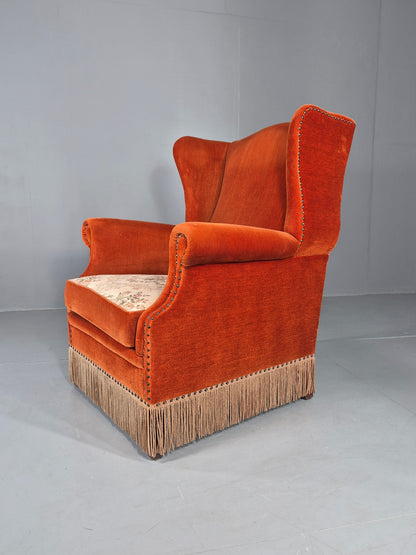 Vintage Wing Back Lounge Chair Danish 20th Century Orange Cream Tassels  EB12707