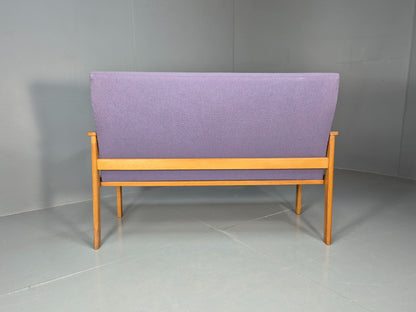 Vintage Danish 2 Seater Bench Sofa Oak Frame Purple Upholstery 1970s MCM EB08693