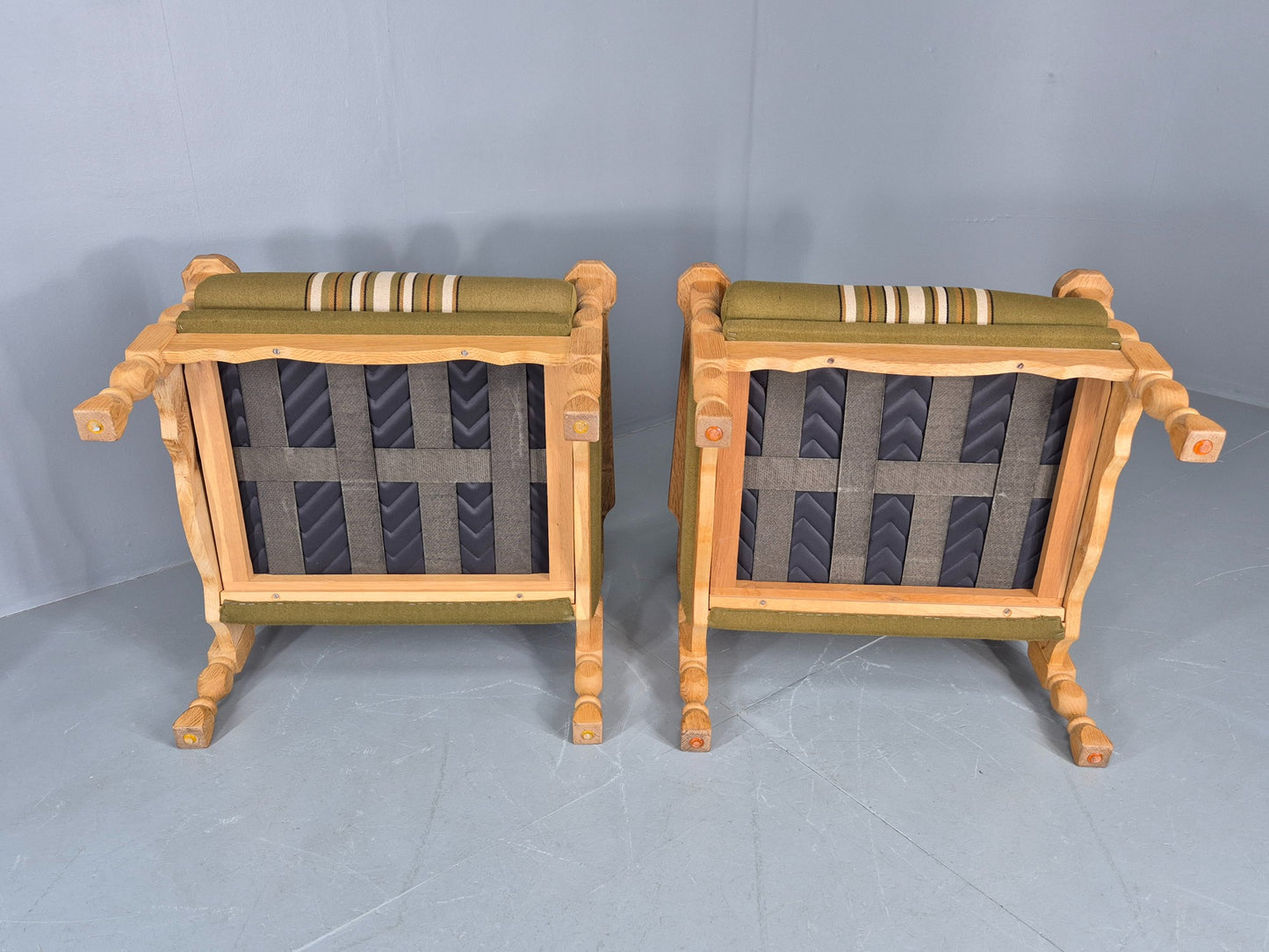 2 vintage Kjaernulf Armchairs with footstool Oak and Green Retro 1970s EB12778