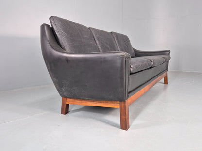 Vintage Mid Century 3 Seater Sofa Black Leather Danish 1960s Retro EB10403