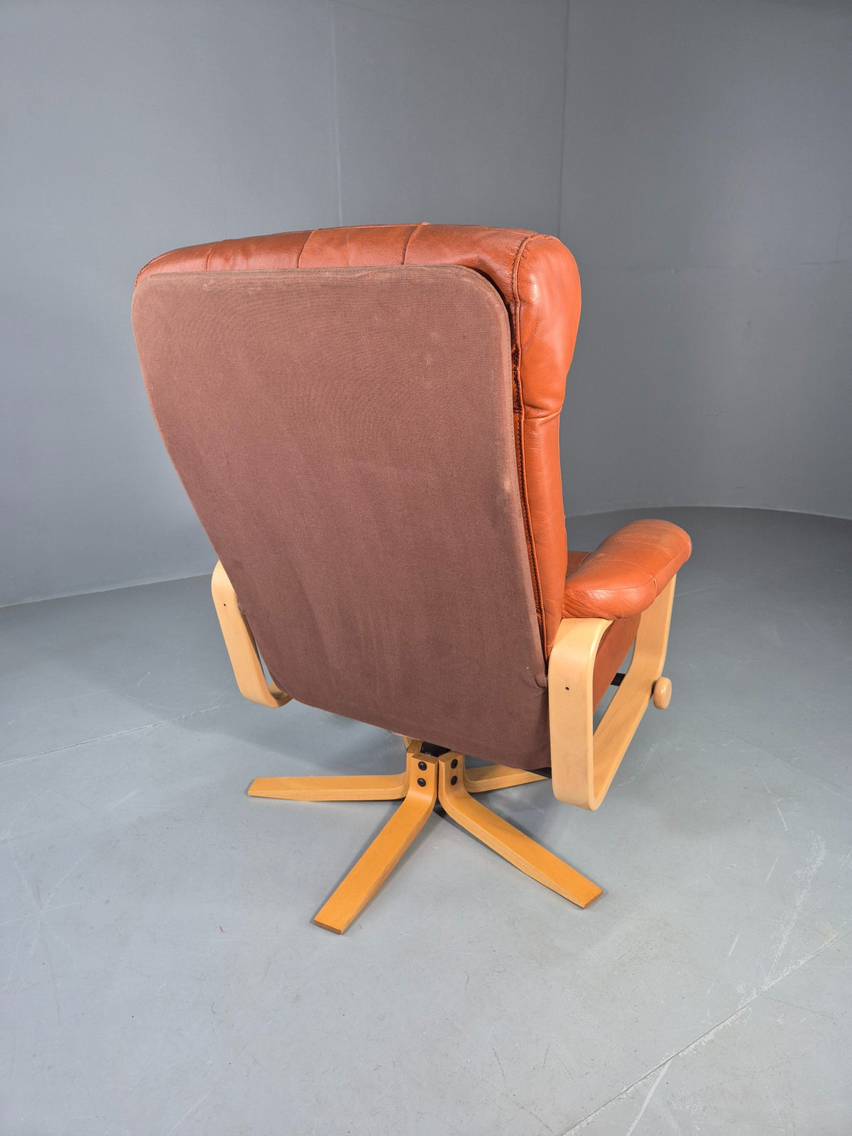 Vintage Danish Lounge Chair Tan Leather swivel and Recline 1970s Retro EB13092