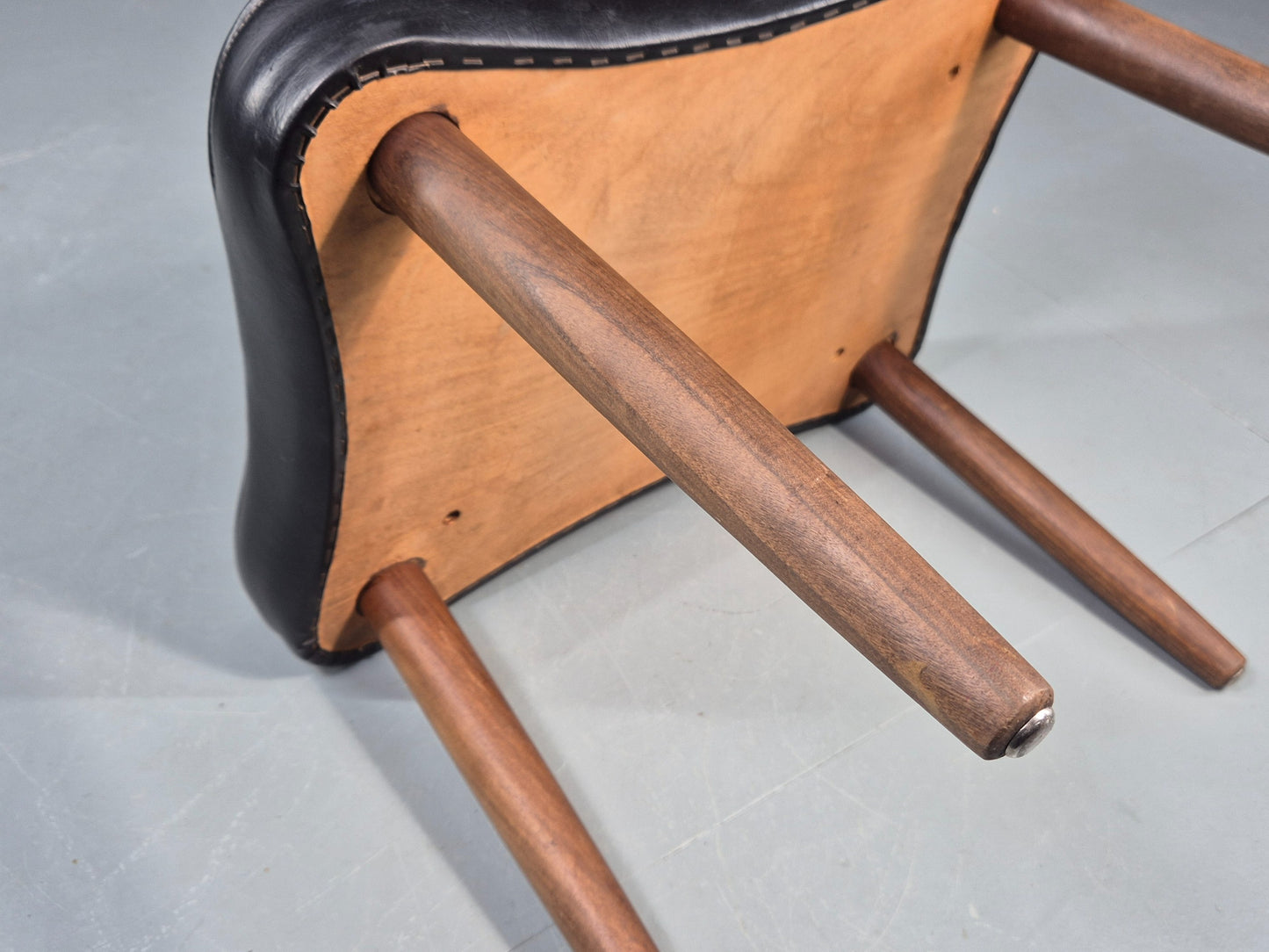 Vintage Danish Mid Century Footstool Black Vinyl Teak Legs 1960s Retro EB12153